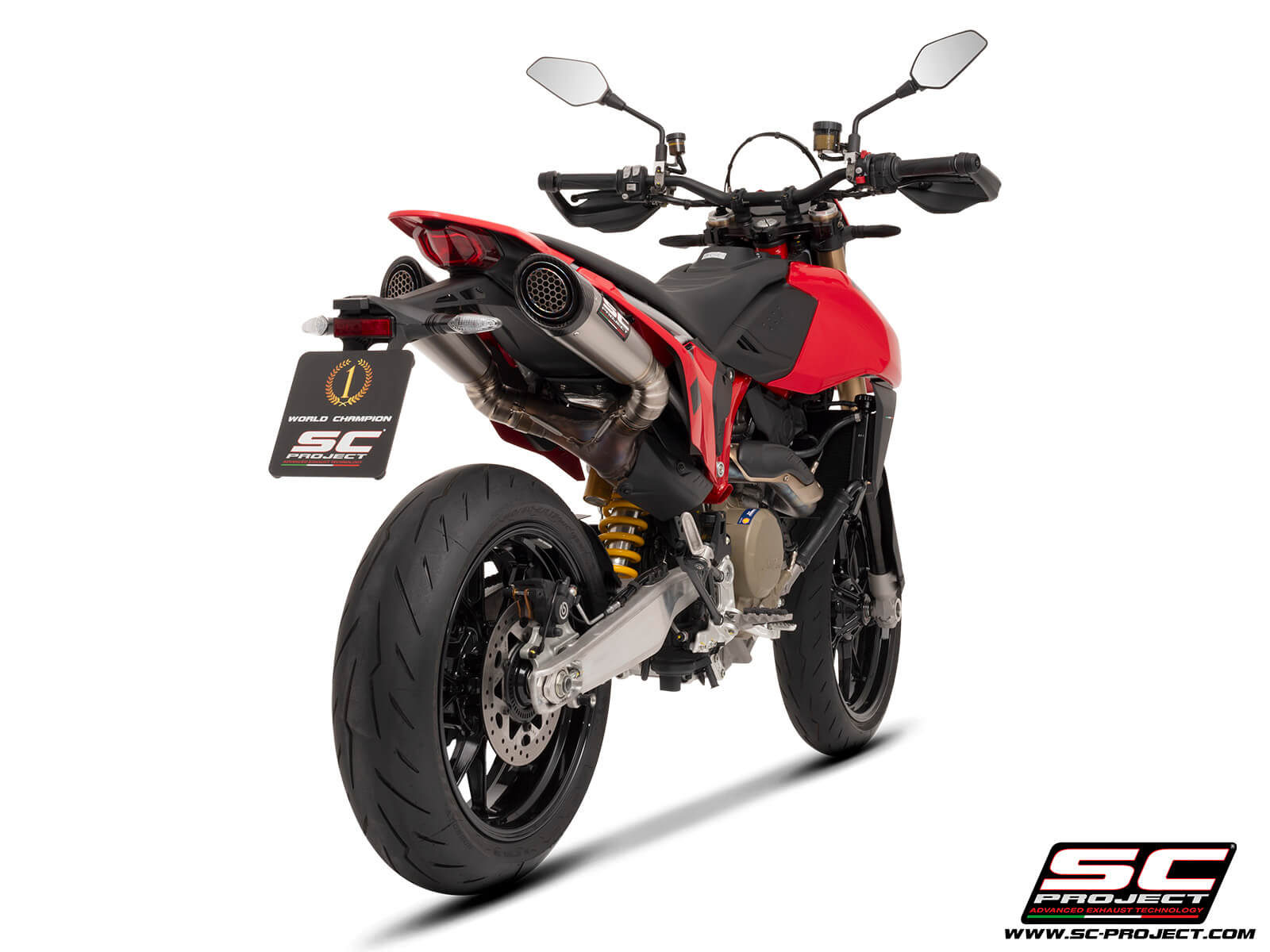 DUCATI HYPERMOTARD 698 MONO - RVE (2024) Dual undertail S1 titanium exhaust, with stoneguard grid