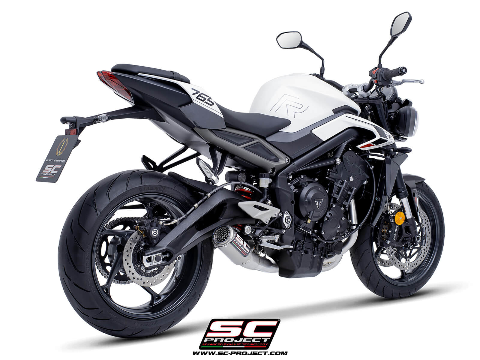 Triumph STREET TRIPLE 765 R - RS (2024-2026) - EURO 5+ 3-1 Stainless steel full exhaust system, with CR-T titanium exhaust with stoneguard grid
